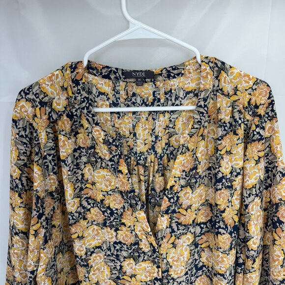 NYDJ Women 1X Floral Top Blouse Lightweight Blue Gold 3/4 Sleeve Flowy Shirt - Picture 2 of 9